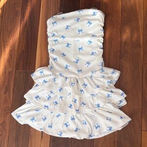 Strapless White Dress with Blue Bow Print